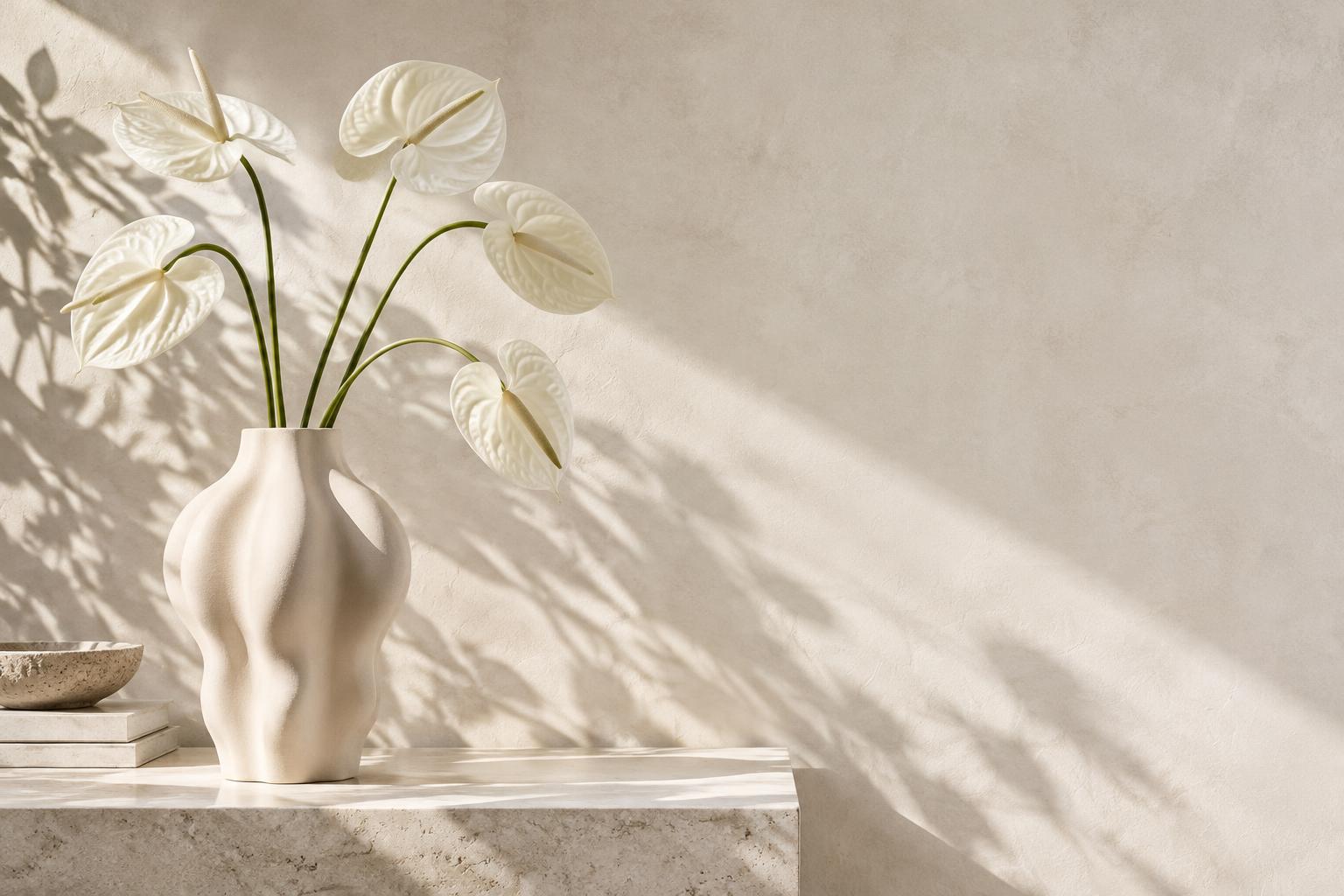 White sculptural anthuriums in a sunlit floral studio
