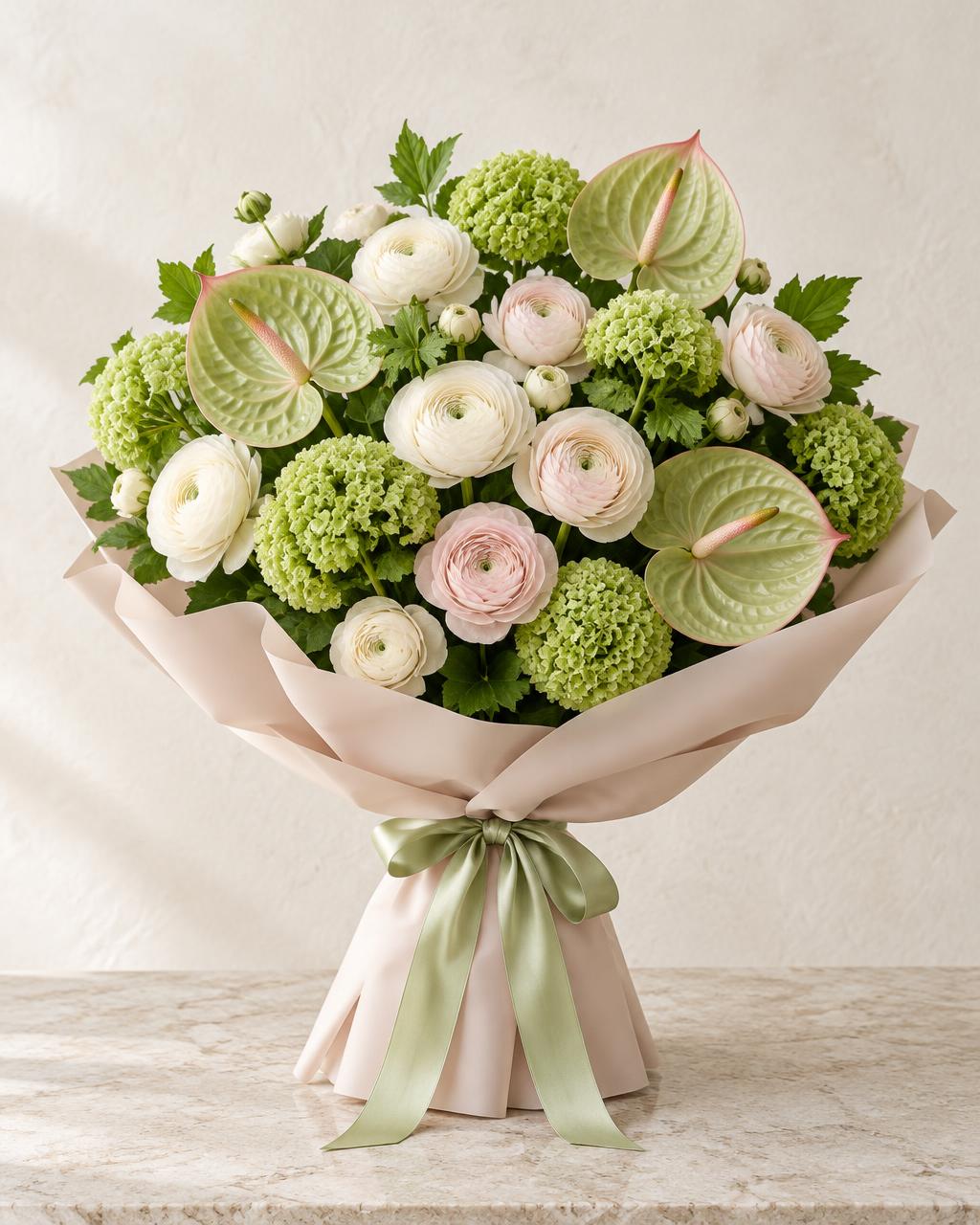 Ivory ranunculus and pale green anthuriums with lime viburnum in blush wrapping