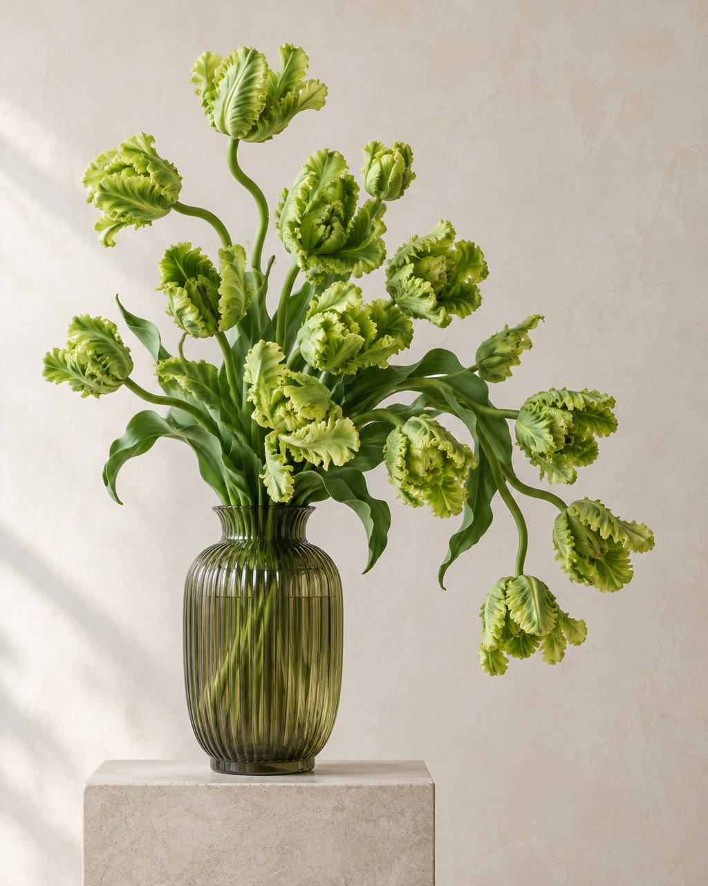 Ruffled green parrot tulips in a ribbed olive glass vase