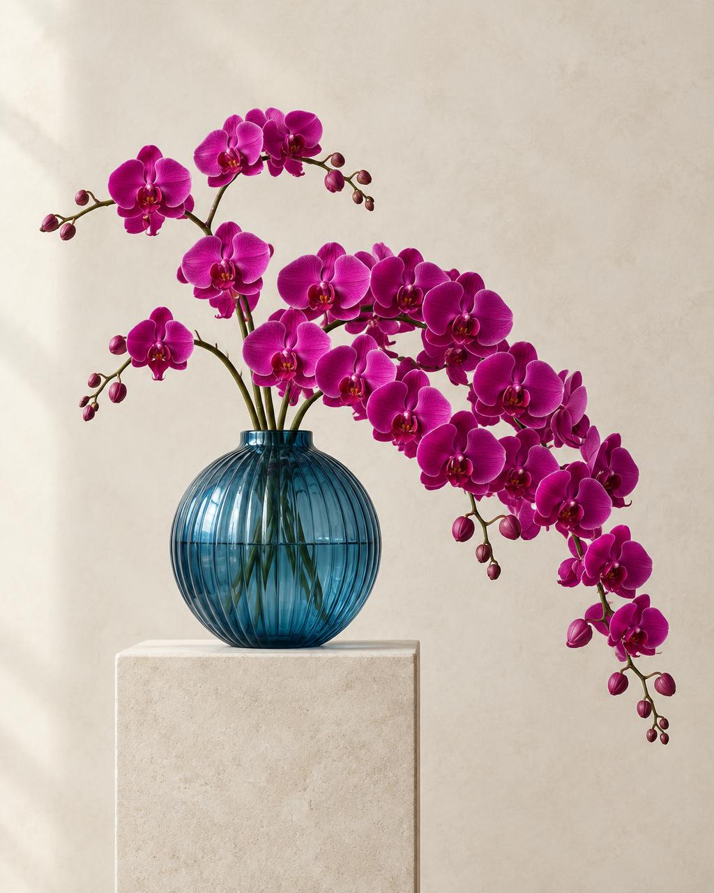Cascading magenta orchids in an ocean-blue ribbed glass vase