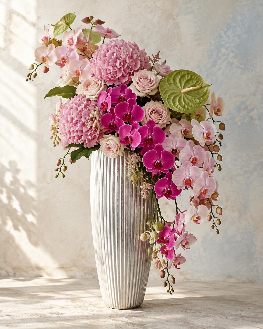 Pink hydrangea, orchids and roses cascading from a silver-white ribbed vase