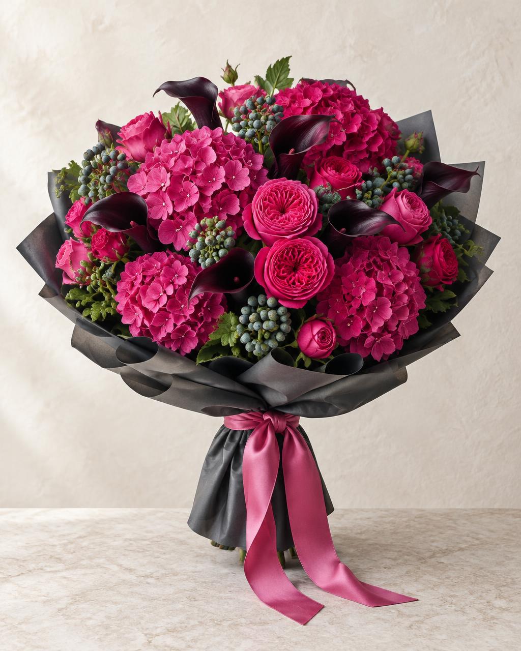 Fuchsia hydrangeas, pink garden roses and dark calla lilies in charcoal wrapping