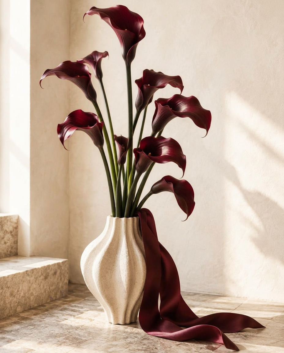 Standing arrangement of deep burgundy calla lilies